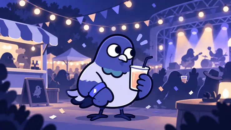 A pigeon enjoying a night festival with food stalls and live music